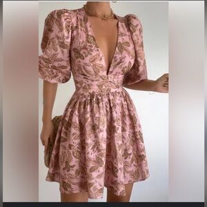 Amalie Rivinna Dress 14 Vahala Print Linen Blend Pleat Puff Sleeve Romantic